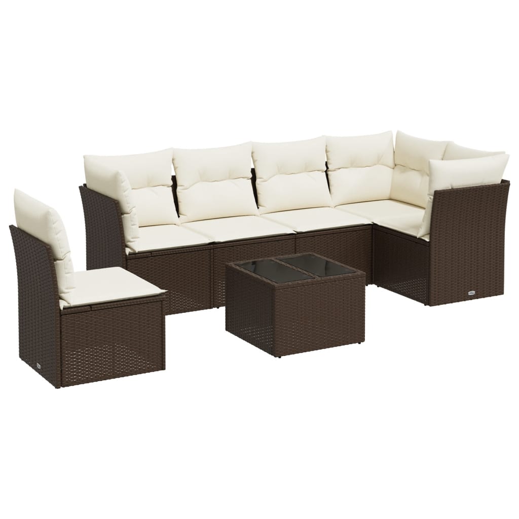 Set Divani da Giardino 7 pz con Cuscini Marrone in Polyrattan