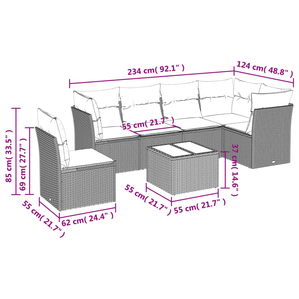 Set Divani da Giardino 7 pz con Cuscini Marrone in Polyrattan