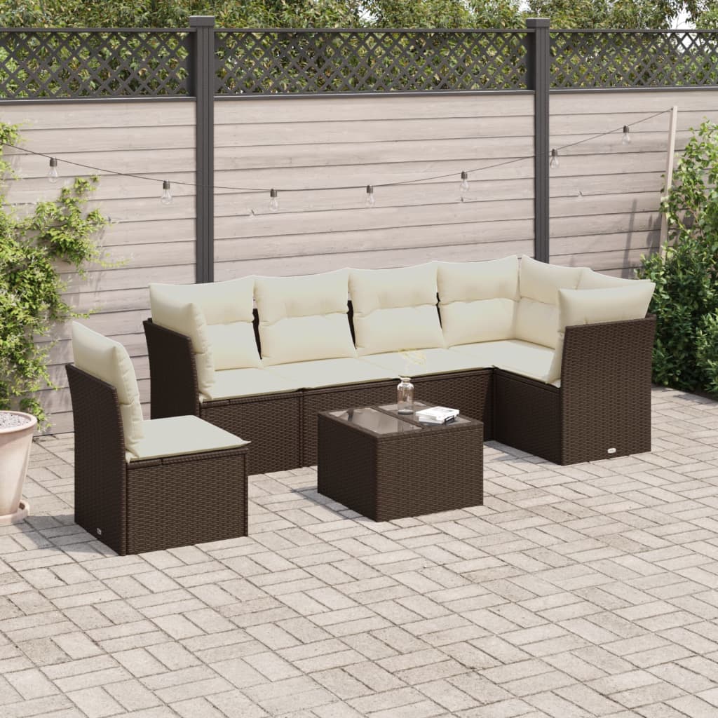 Set Divani da Giardino 7 pz con Cuscini Marrone in Polyrattan