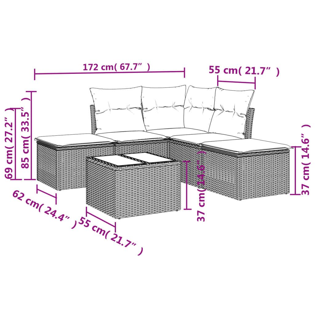 Set Divano da Giardino 6 pz con Cuscini Marrone in Polyrattan