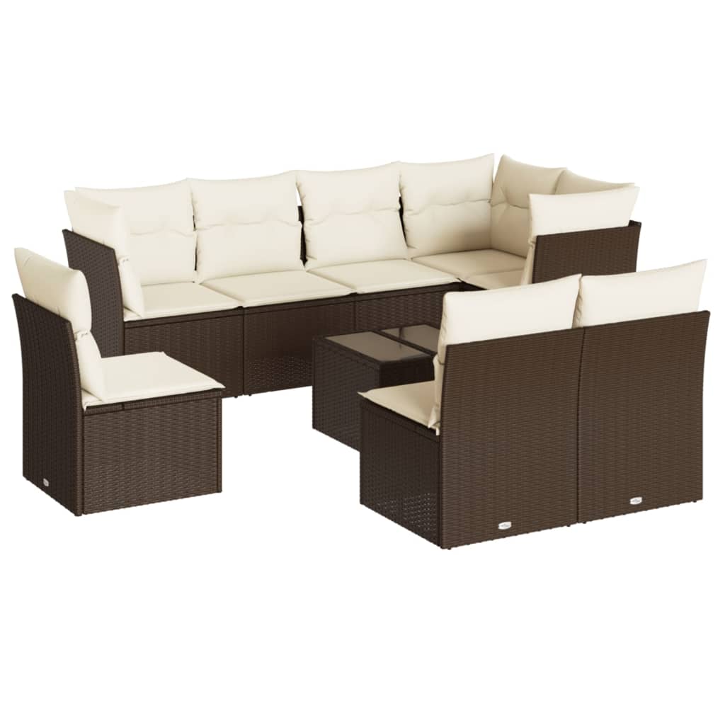 Set Divani da Giardino 9pz con Cuscini Marrone in Polyrattan