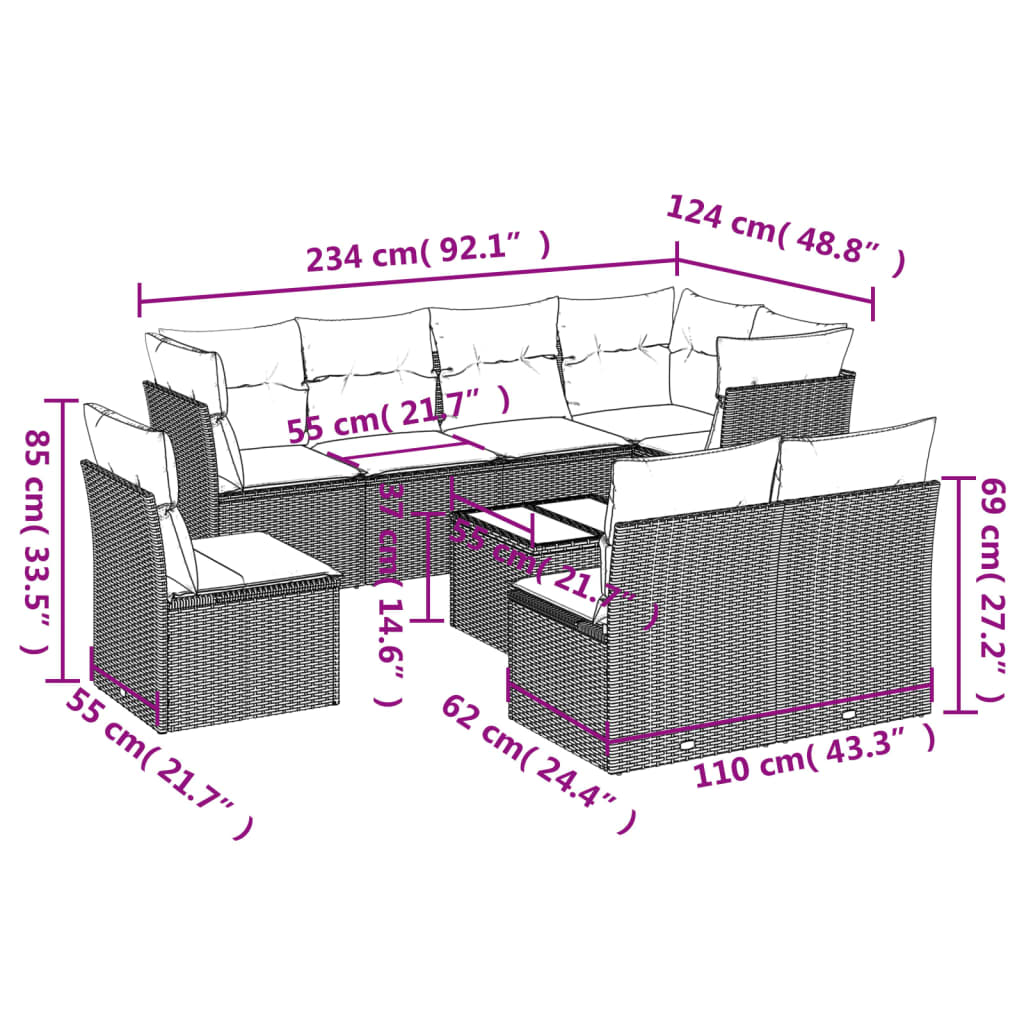 Set Divani da Giardino 9pz con Cuscini Marrone in Polyrattan