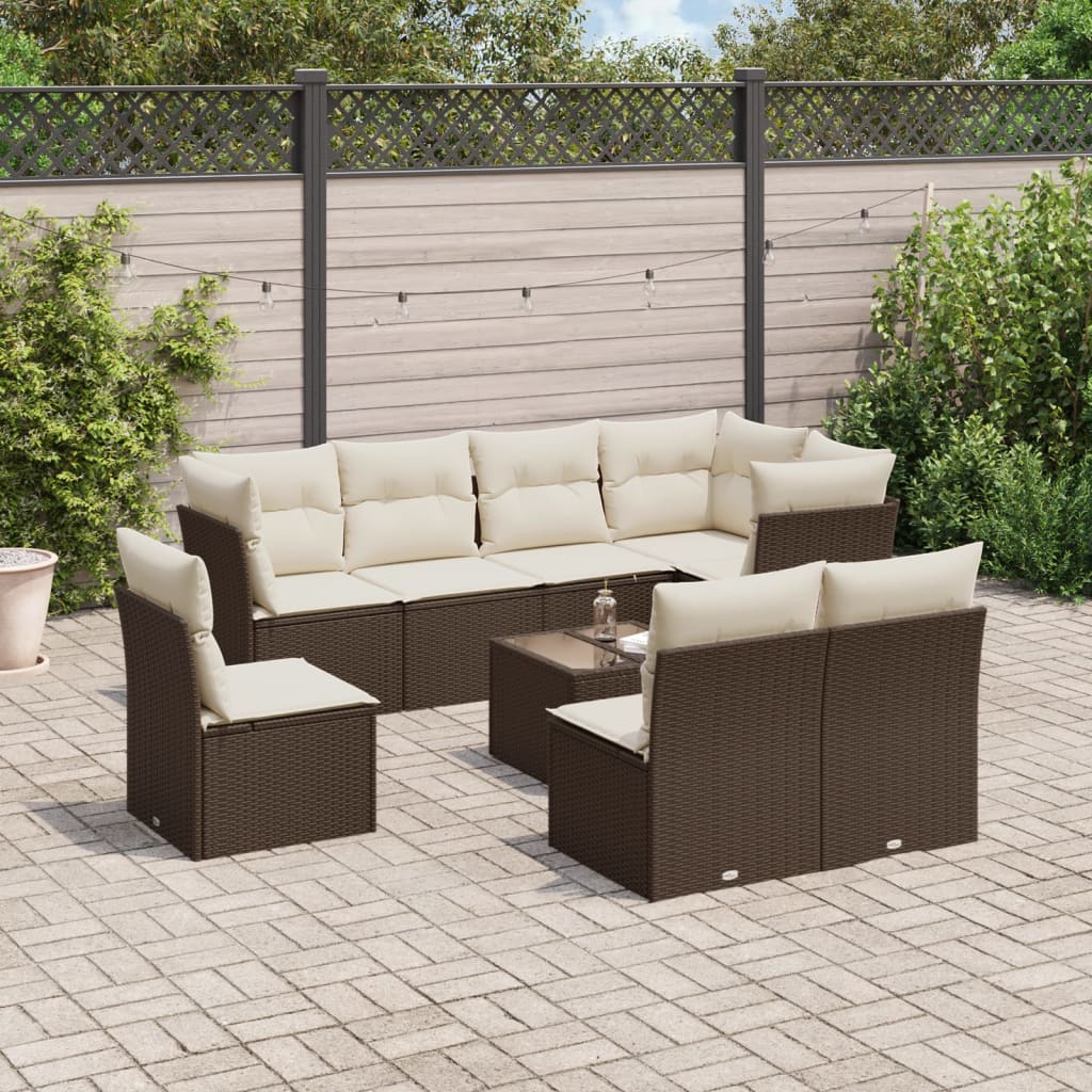 Set Divani da Giardino 9pz con Cuscini Marrone in Polyrattan