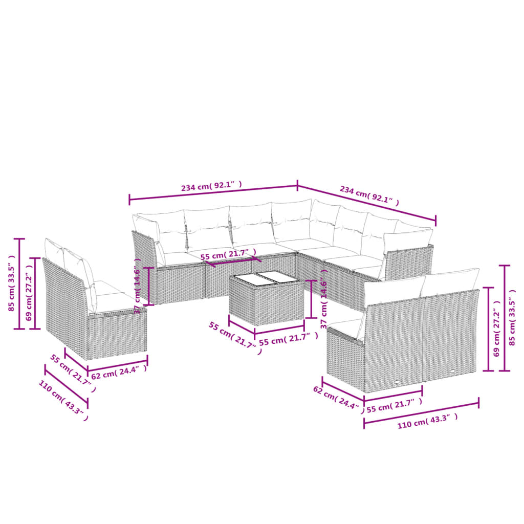 Set Divani da Giardino 12 pz con Cuscini Marrone in Polyrattan