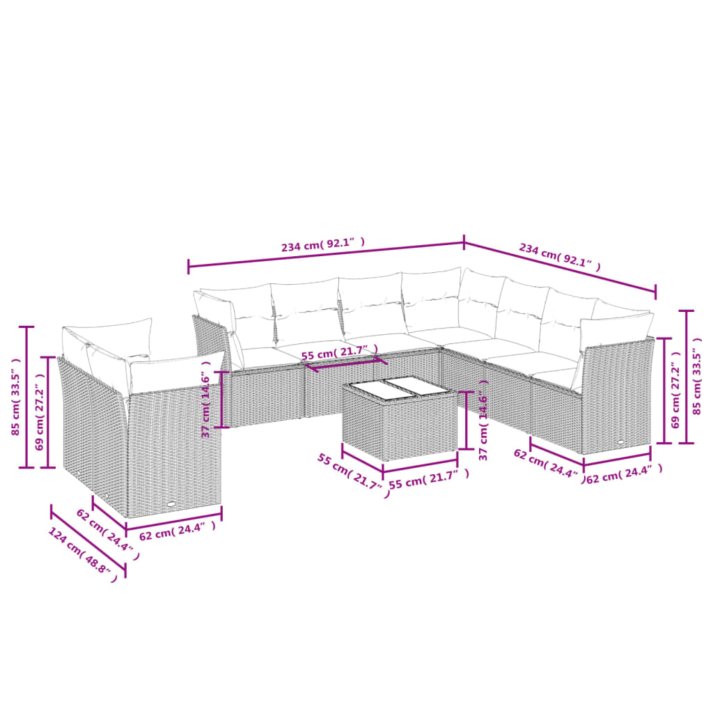 Set Divano da Giardino 10 pz con Cuscini Beige in Polyrattan