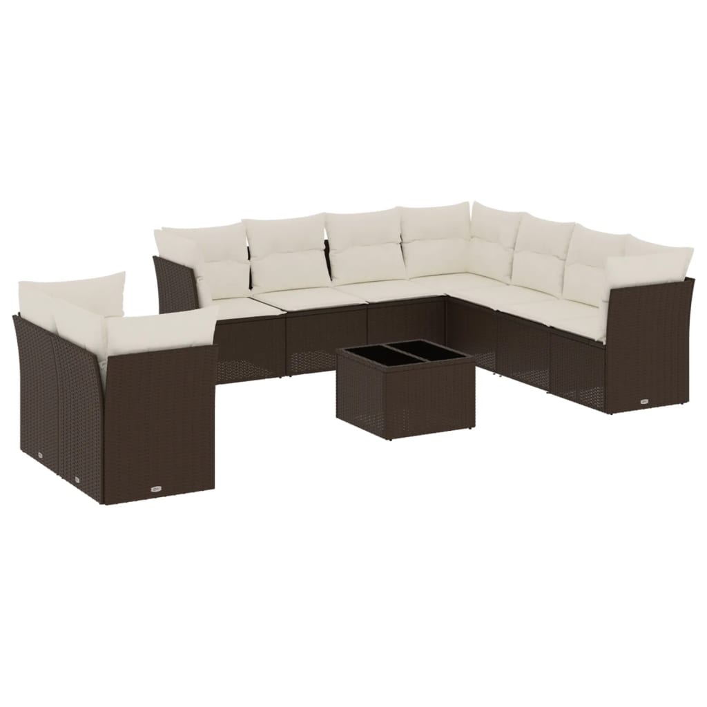 Set Divani da Giardino 10pz con Cuscini in Polyrattan Marrone