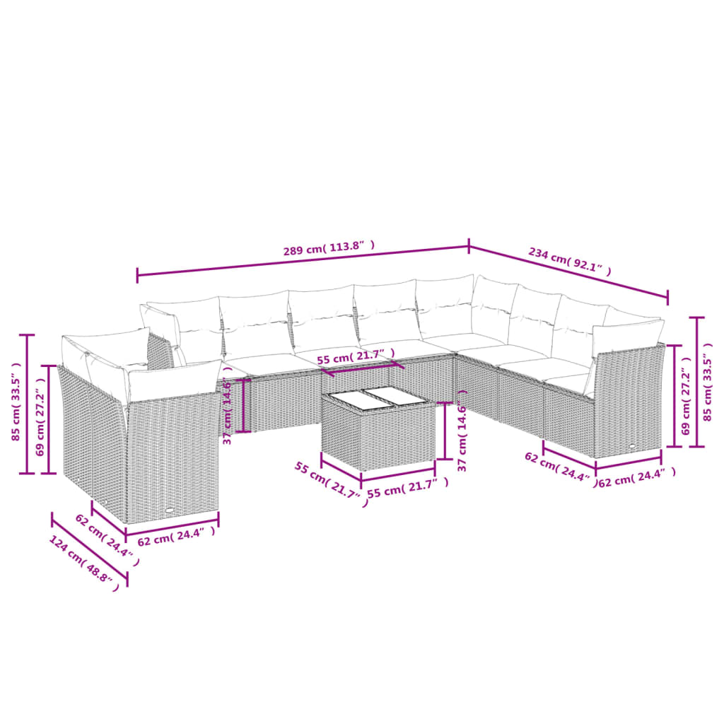 Set Divani da Giardino 11 pz con Cuscini Polyrattan Marrone