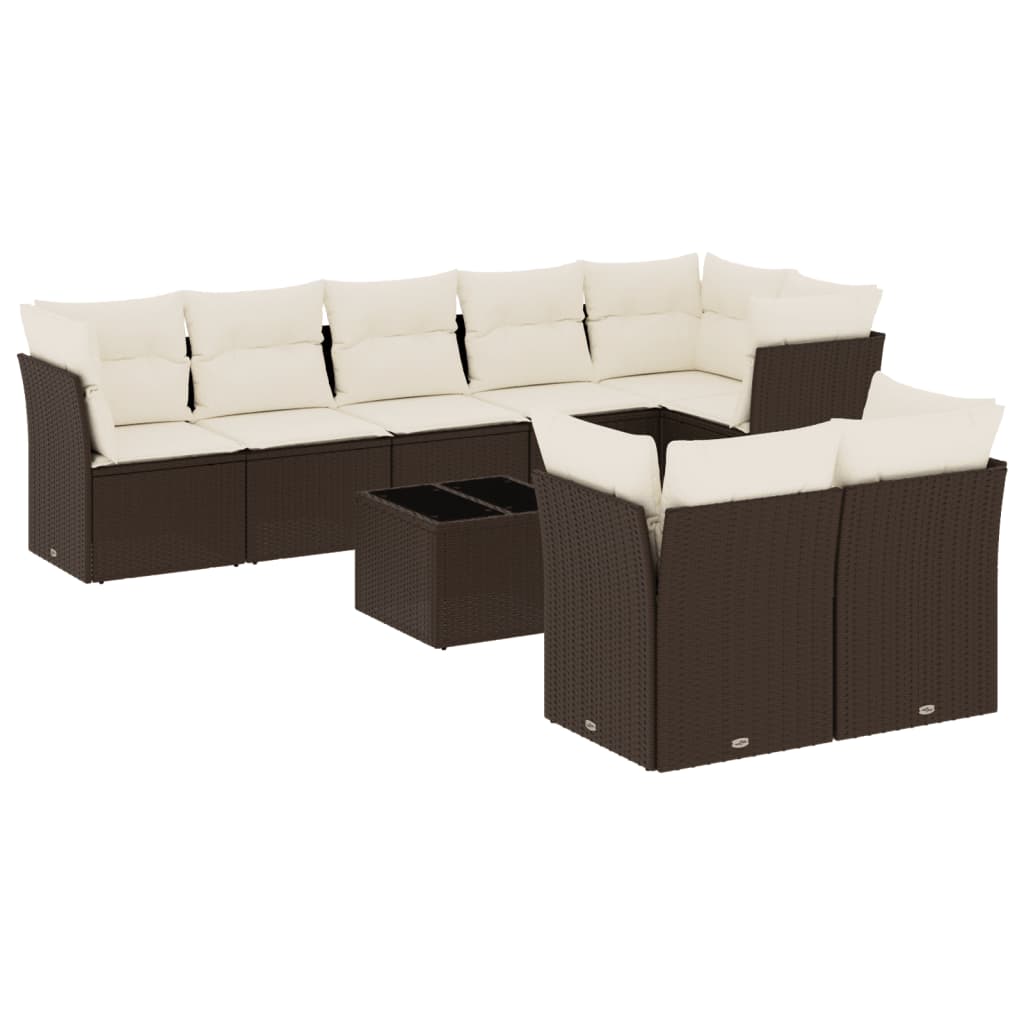 Set Divani da Giardino 9pz con Cuscini Marrone in Polyrattan