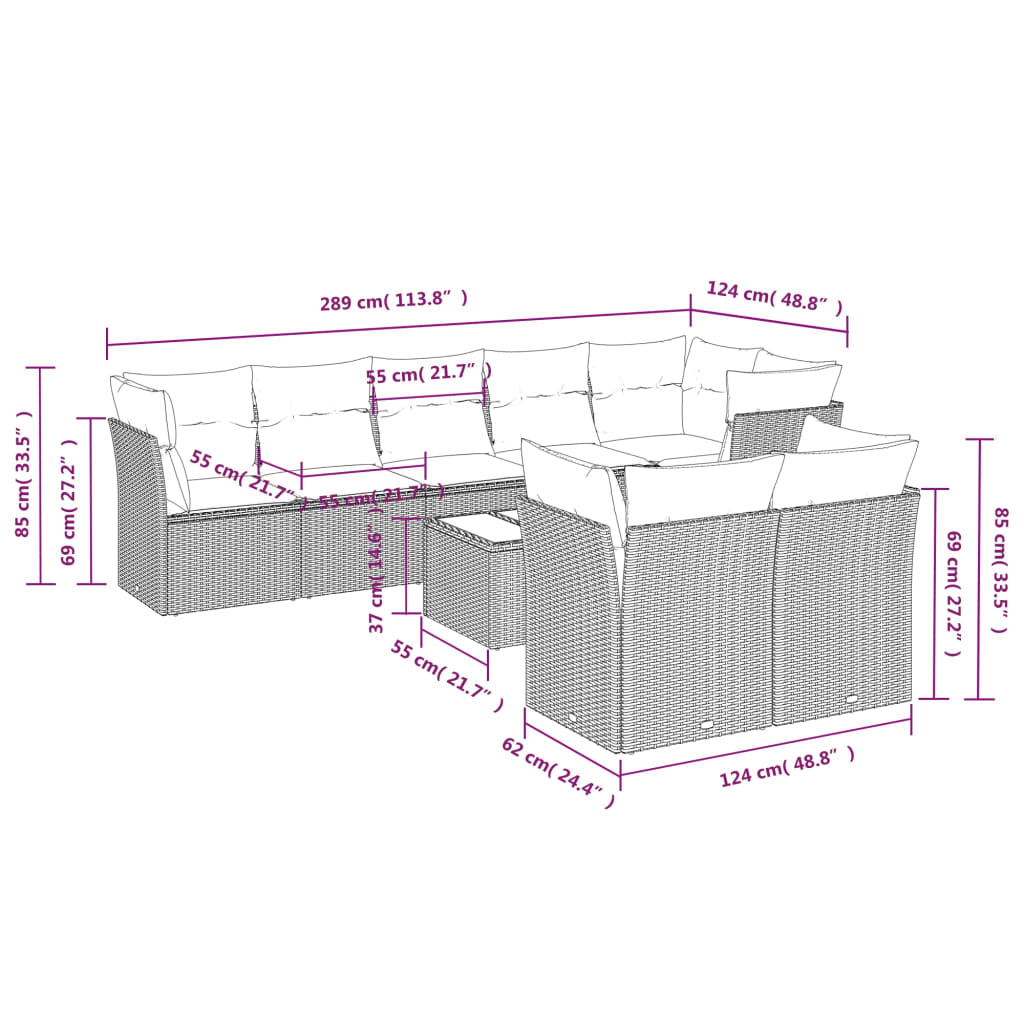 Set Divani da Giardino 9pz con Cuscini Marrone in Polyrattan