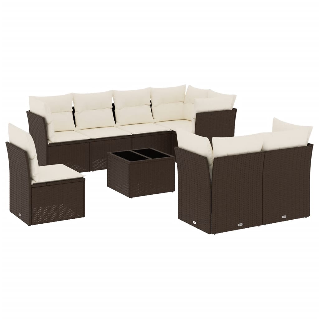 Set Divani da Giardino 9pz con Cuscini Marrone in Polyrattan