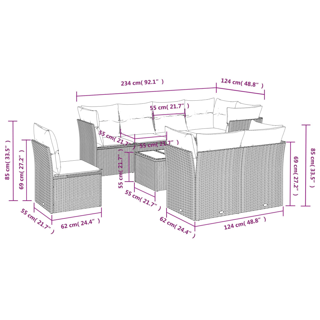 Set Divani da Giardino 9pz con Cuscini Marrone in Polyrattan