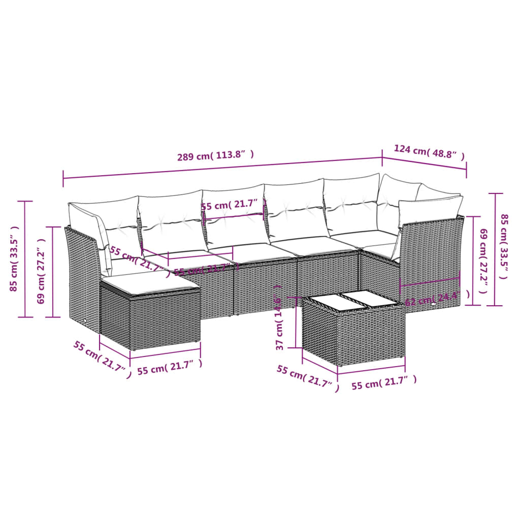 Set Divani da Giardino 8 pz con Cuscini Marrone in Polyrattan