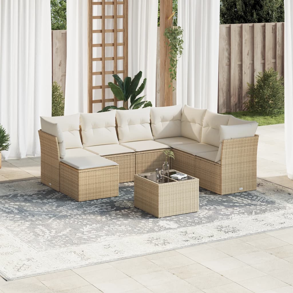 Set Divano da Giardino 8 pz con Cuscini Beige in Polyrattan