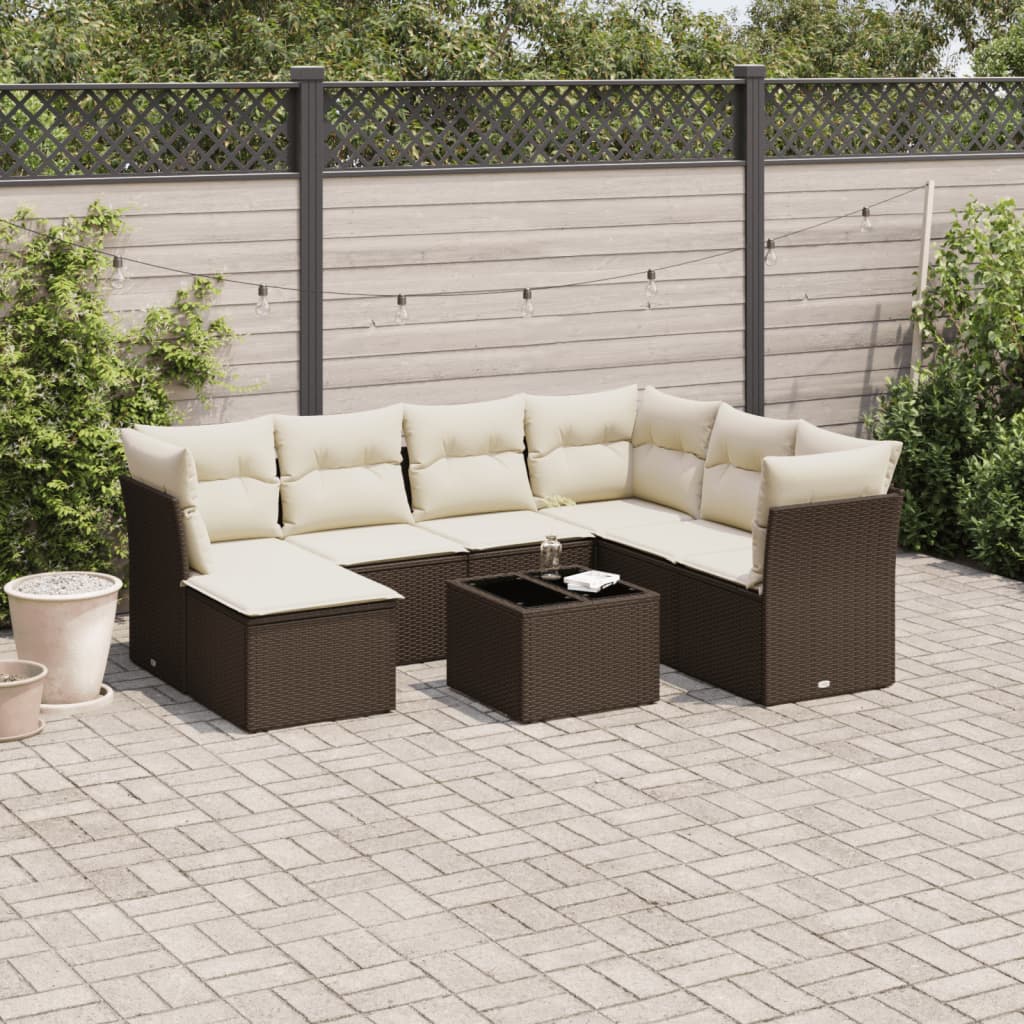 Set Divani da Giardino 8 pz con Cuscini Marrone in Polyrattan