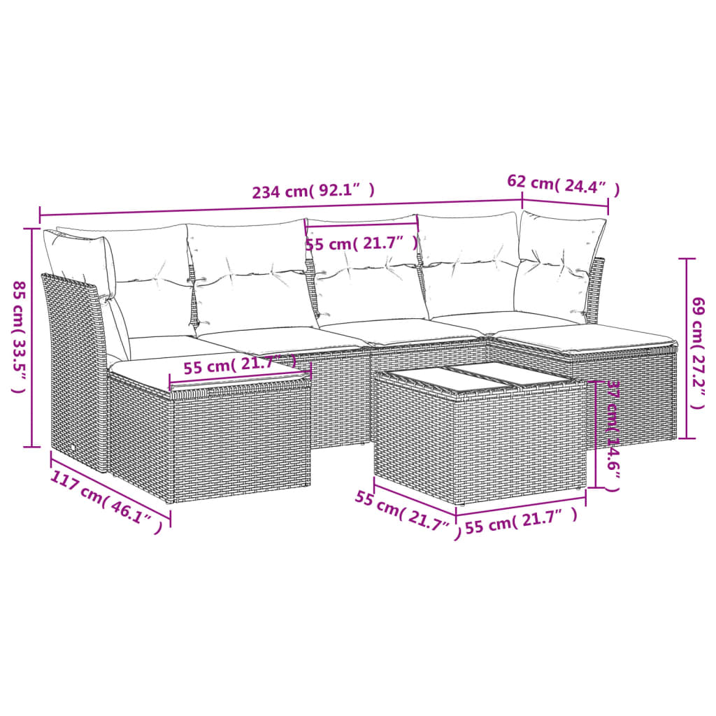 Set Divani da Giardino 7 pz con Cuscini Beige in Polyrattan