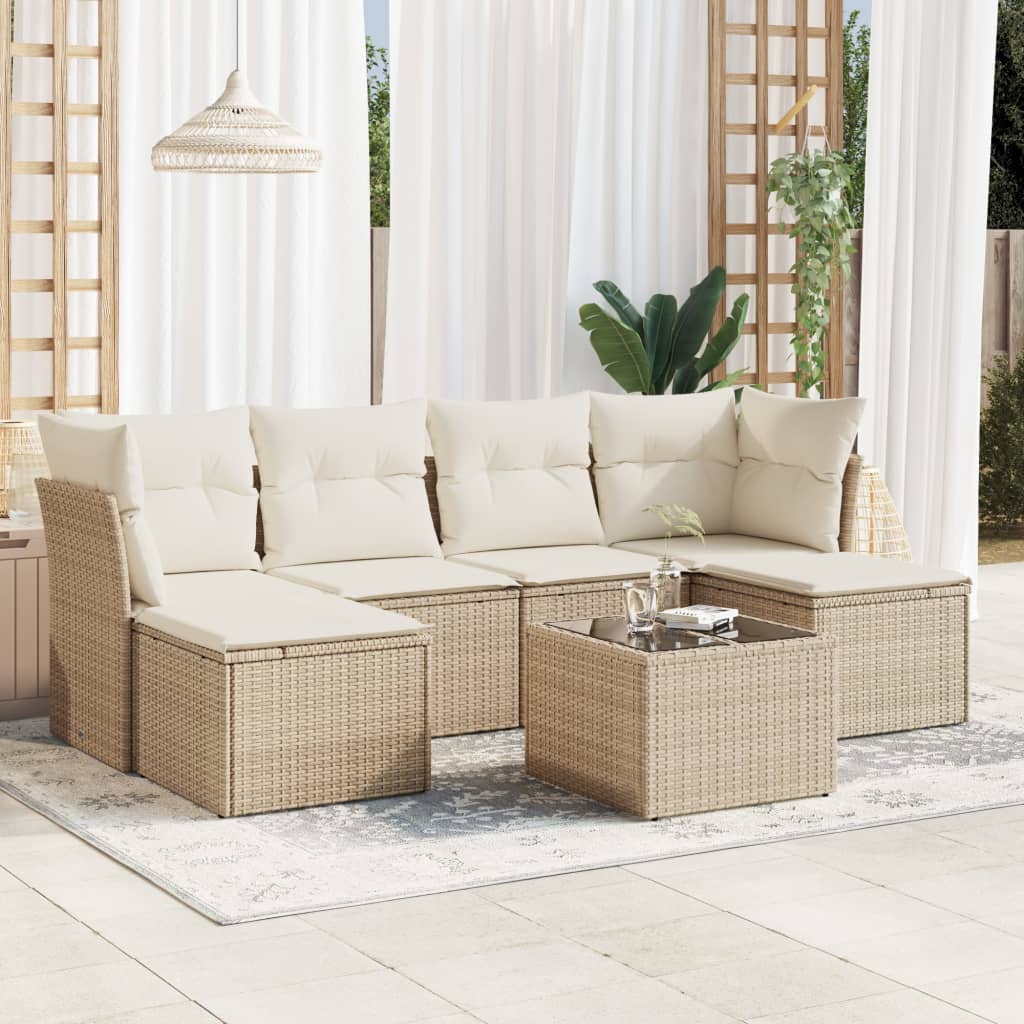 Set Divani da Giardino 7 pz con Cuscini Beige in Polyrattan