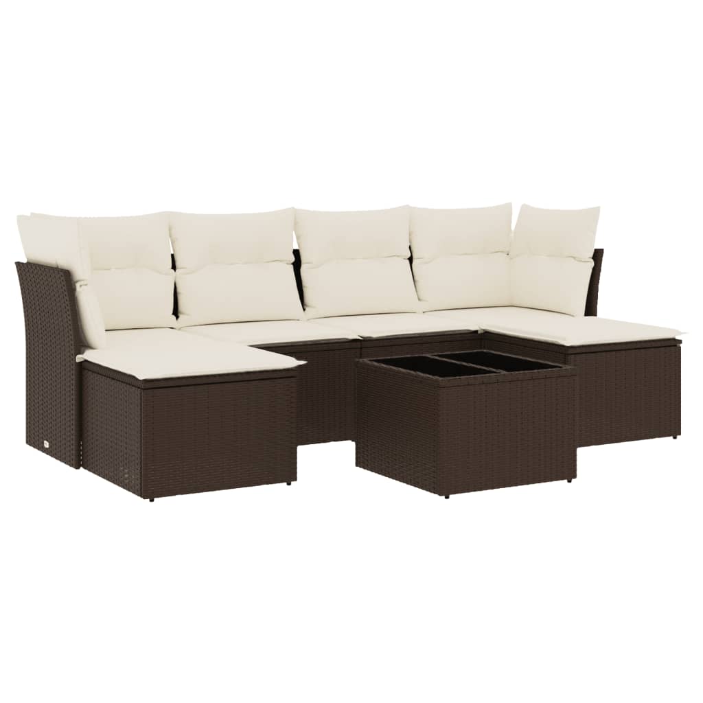 Set Divani da Giardino 7 pz con Cuscini Marrone in Polyrattan