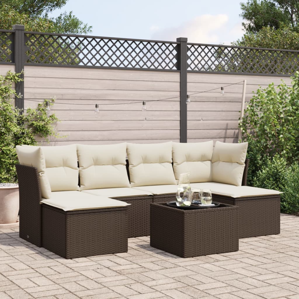 Set Divani da Giardino 7 pz con Cuscini Marrone in Polyrattan