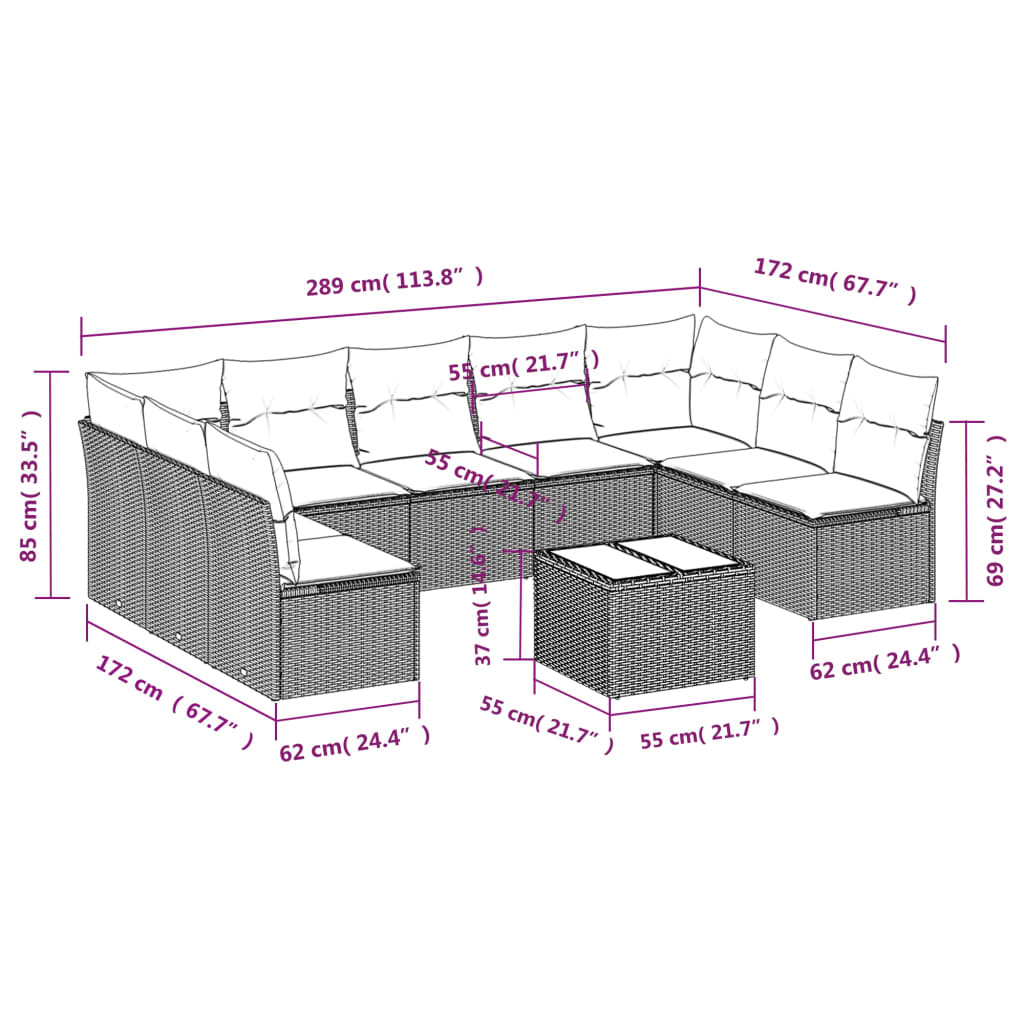 Set Divani da Giardino 10pz con Cuscini in Polyrattan Marrone