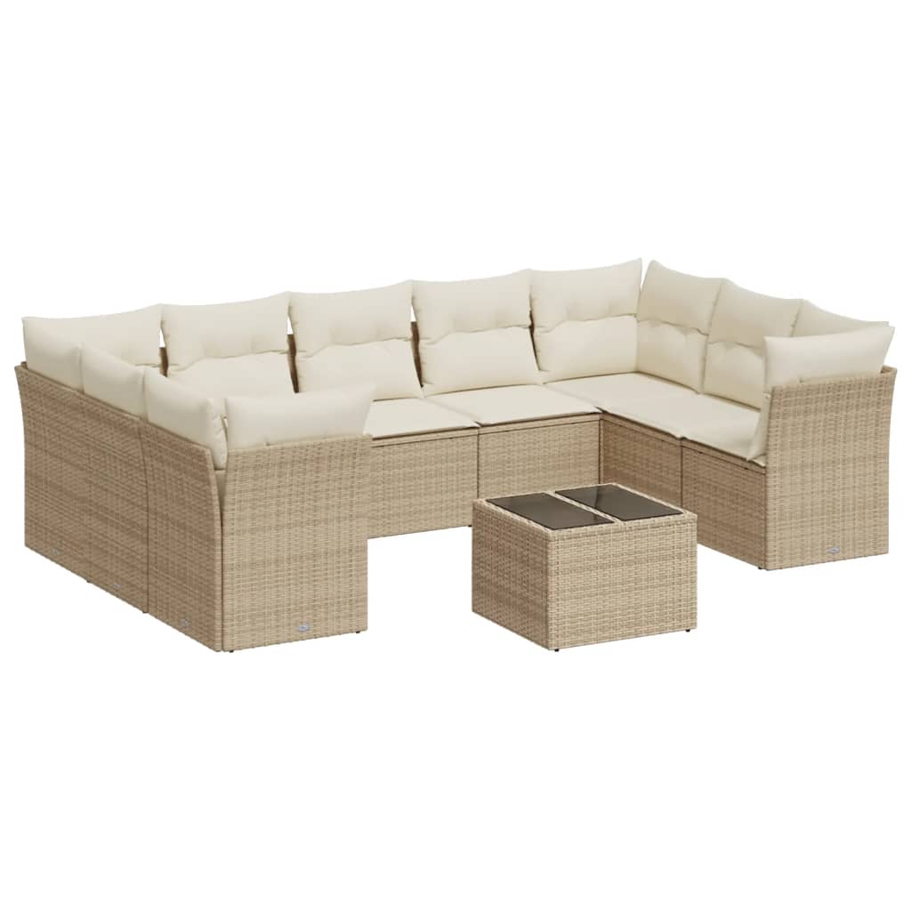 Set Divano da Giardino 10 pz con Cuscini Beige in Polyrattan