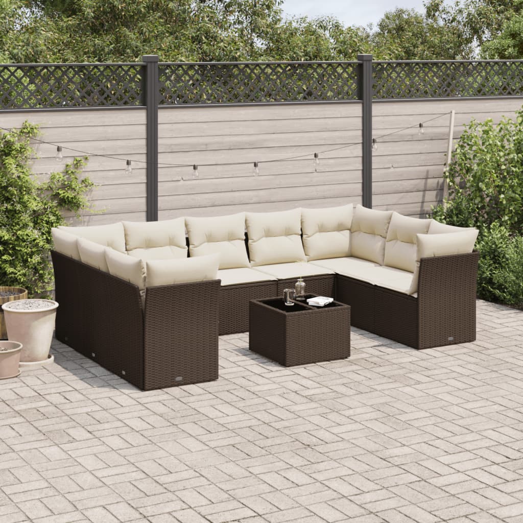 Set Divani da Giardino 10pz con Cuscini in Polyrattan Marrone