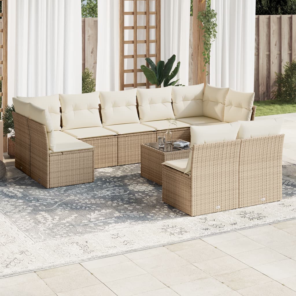 Set Divano da Giardino 10 pz con Cuscini Beige in Polyrattan