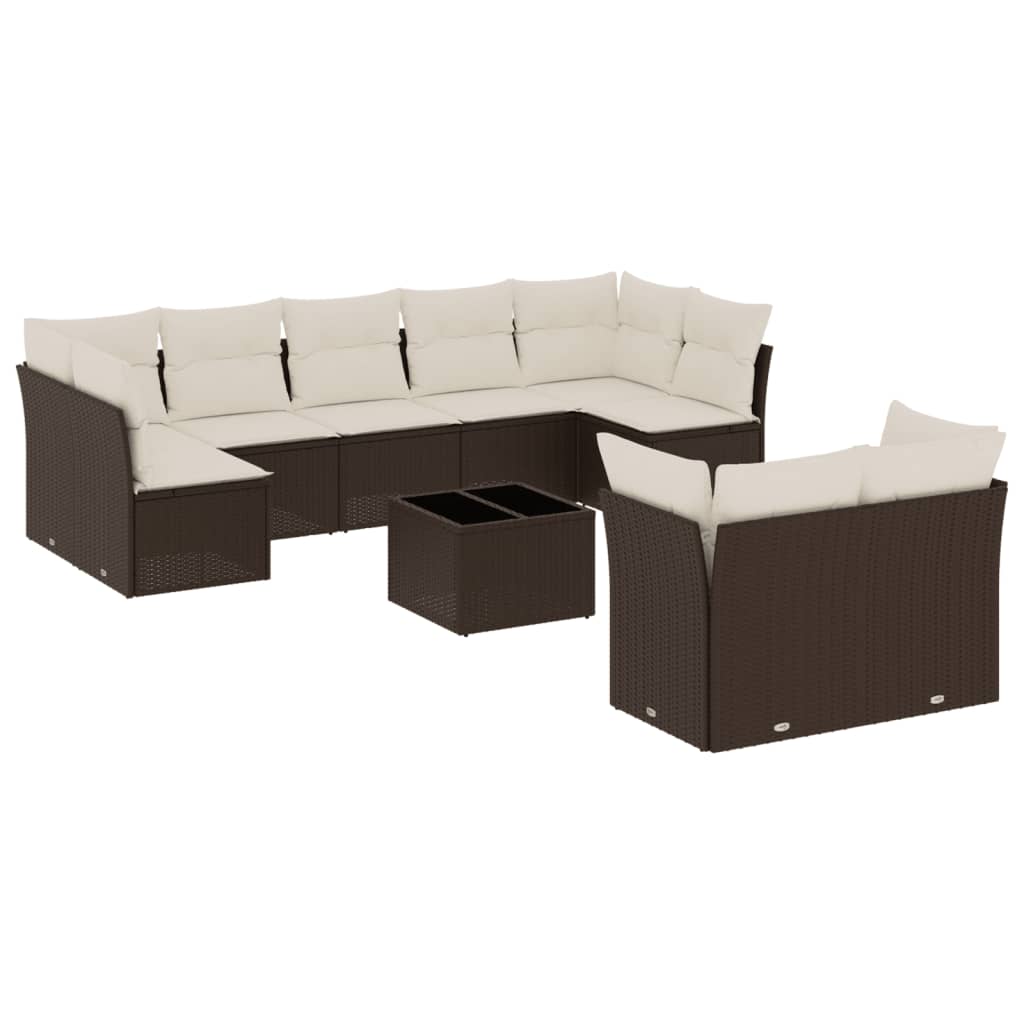 Set Divani da Giardino 10pz con Cuscini in Polyrattan Marrone