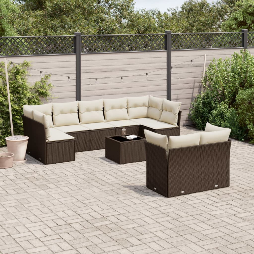 Set Divani da Giardino 10pz con Cuscini in Polyrattan Marrone