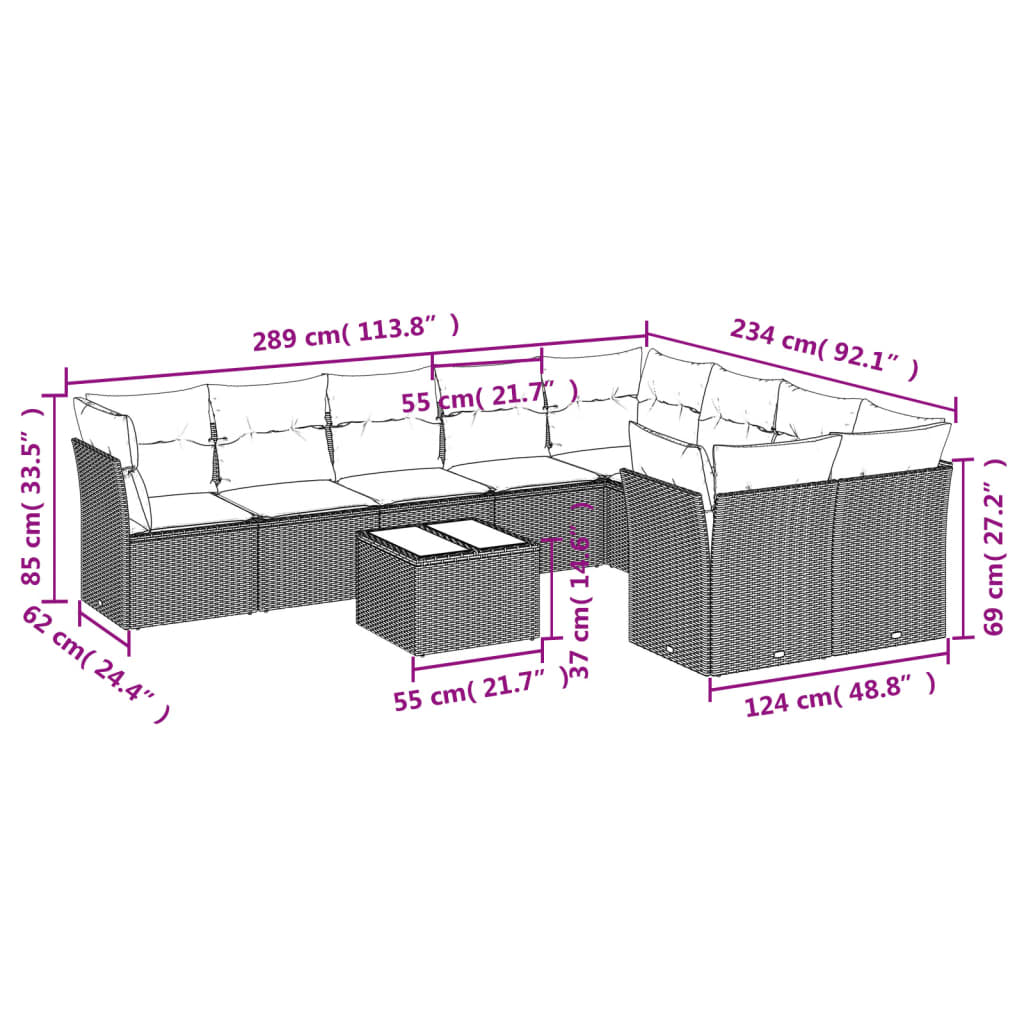 Set Divani da Giardino 10pz con Cuscini in Polyrattan Marrone