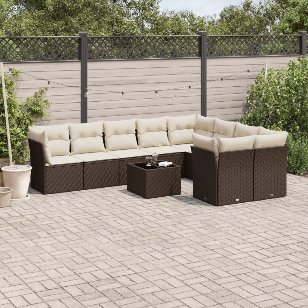 Set Divani da Giardino 10pz con Cuscini in Polyrattan Marrone