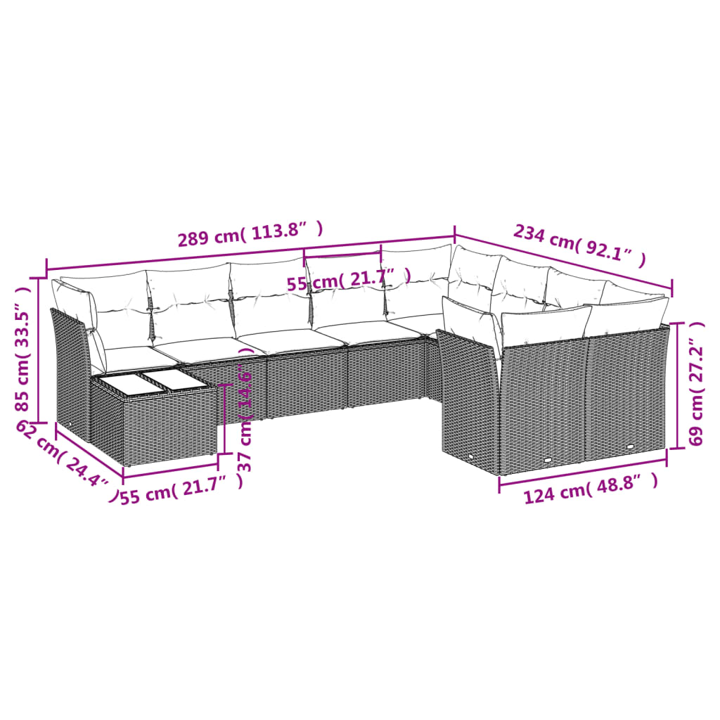 Set Divani da Giardino 10pz con Cuscini in Polyrattan Marrone