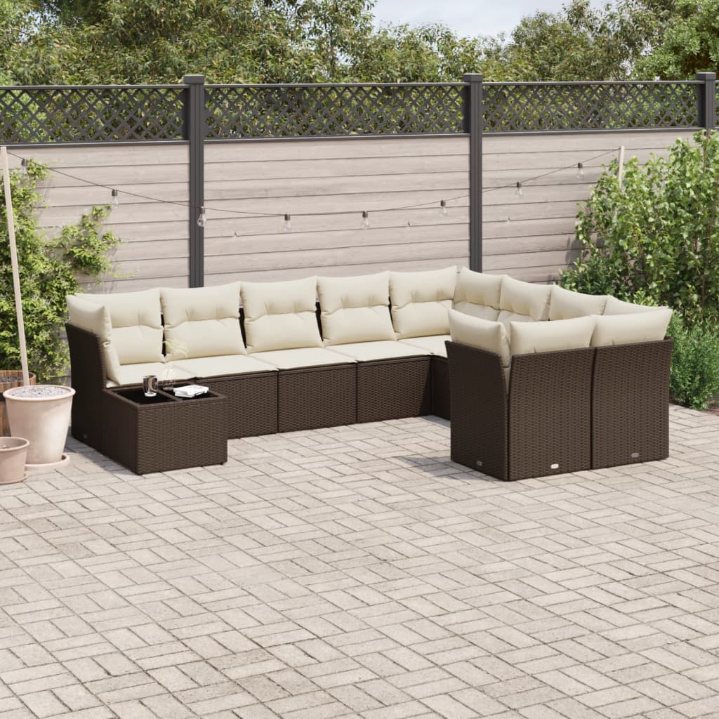 Set Divani da Giardino 10pz con Cuscini in Polyrattan Marrone