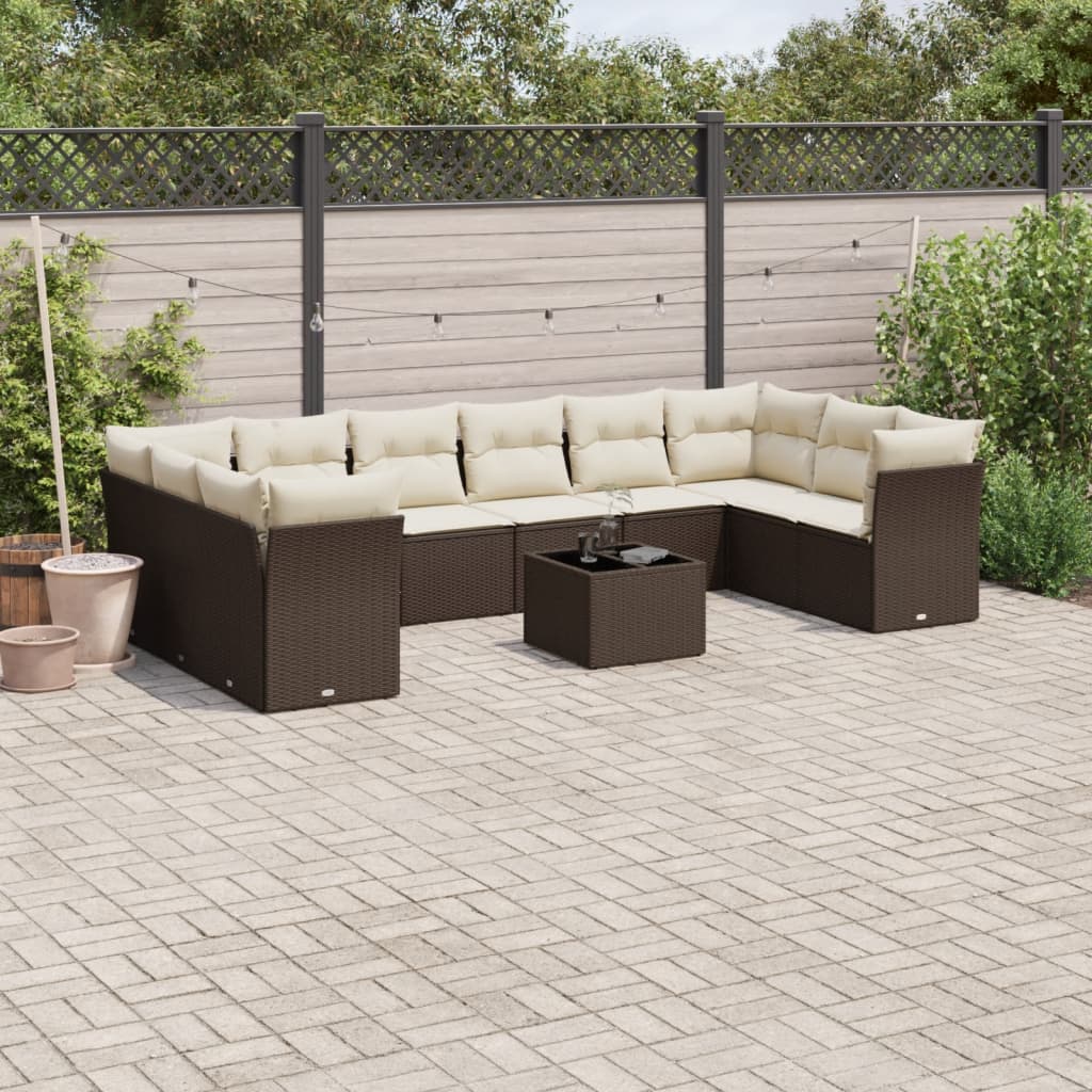 Set Divani da Giardino 11 pz con Cuscini Polyrattan Marrone