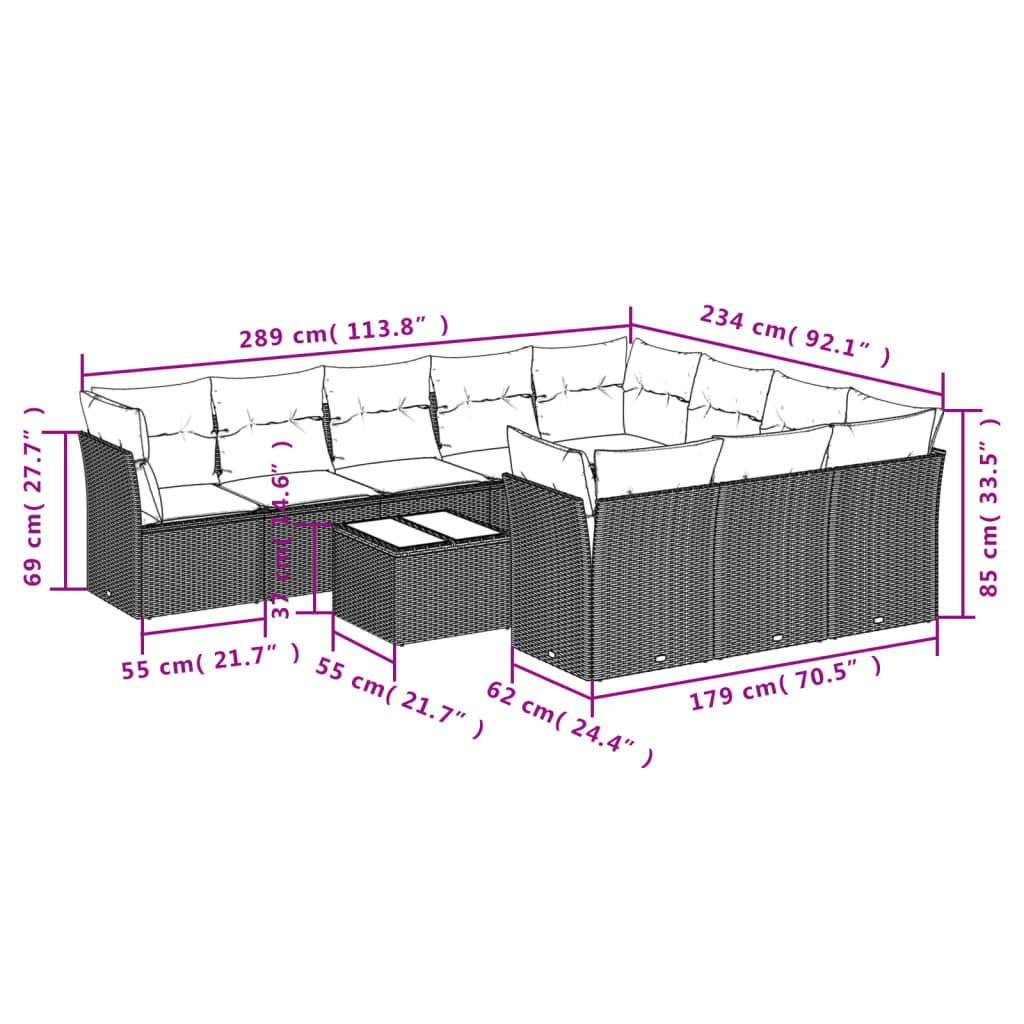 Set Divani da Giardino 11 pz con Cuscini Polyrattan Marrone