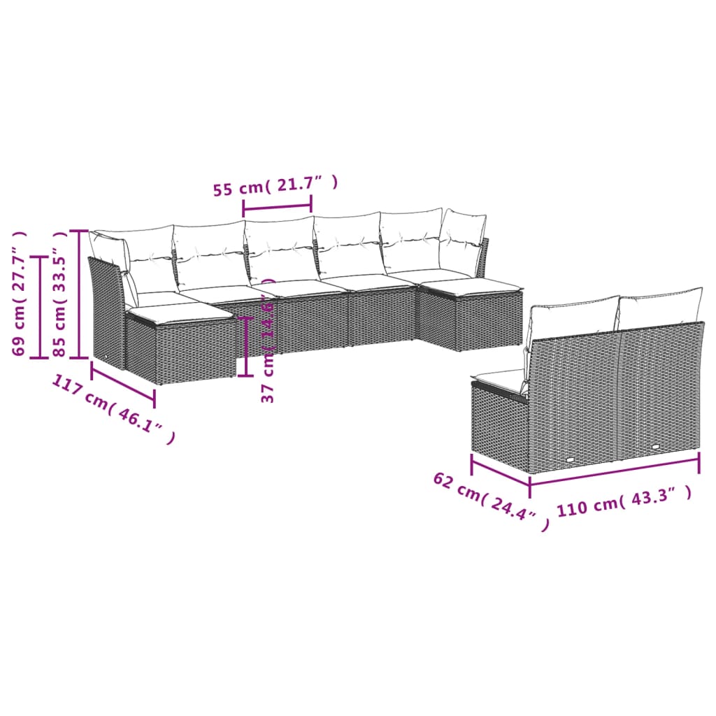 Set Divano da Giardino 9 pz con Cuscini Beige in Polyrattan