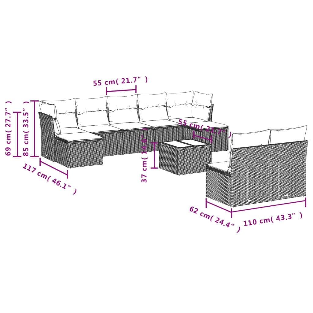 Set Divano da Giardino 10 pz con Cuscini Beige in Polyrattan