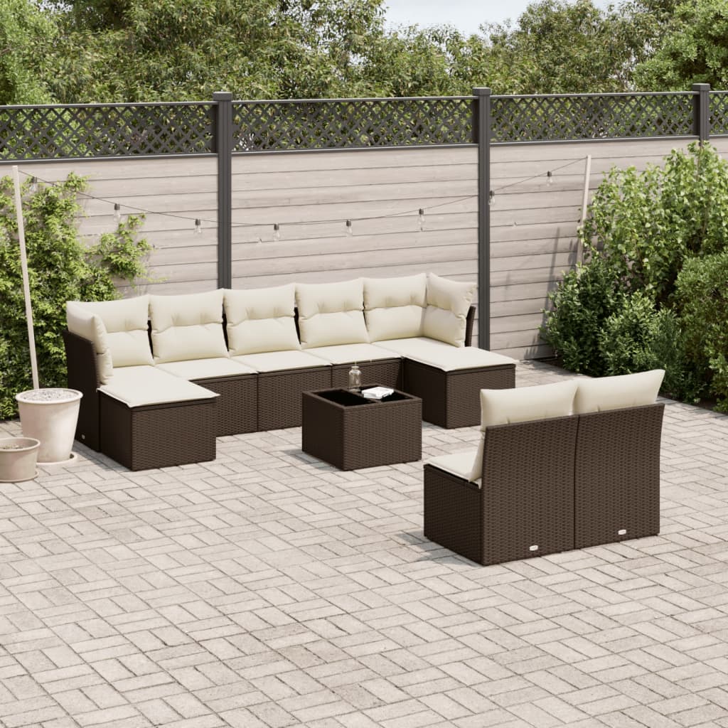 Set Divani da Giardino 10pz con Cuscini in Polyrattan Marrone