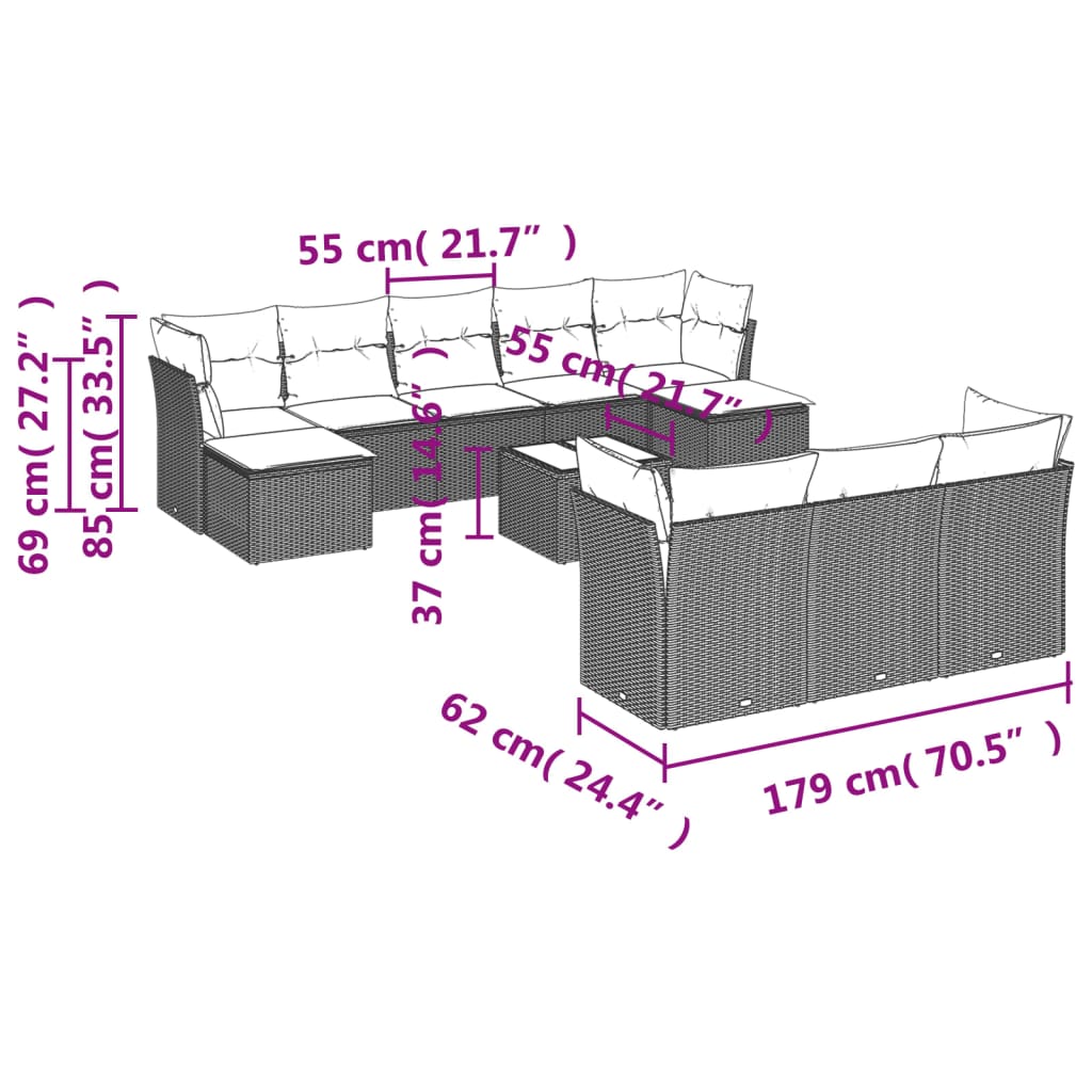 Set Divani da Giardino 11 pz con Cuscini Polyrattan Marrone