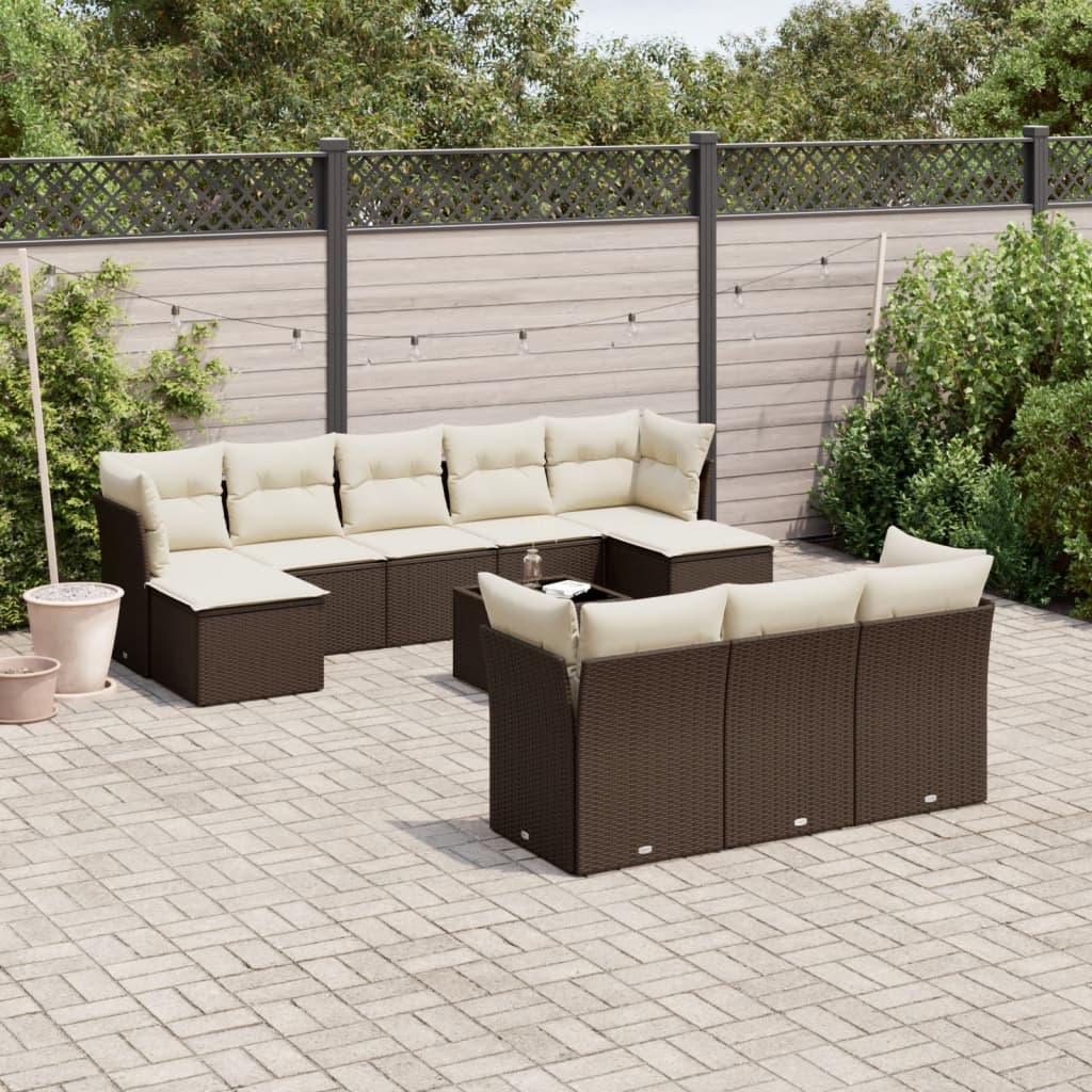 Set Divani da Giardino 11 pz con Cuscini Polyrattan Marrone