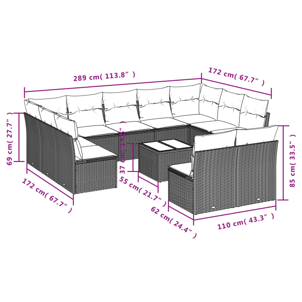 Set Divani da Giardino 12 pz con Cuscini Marrone in Polyrattan