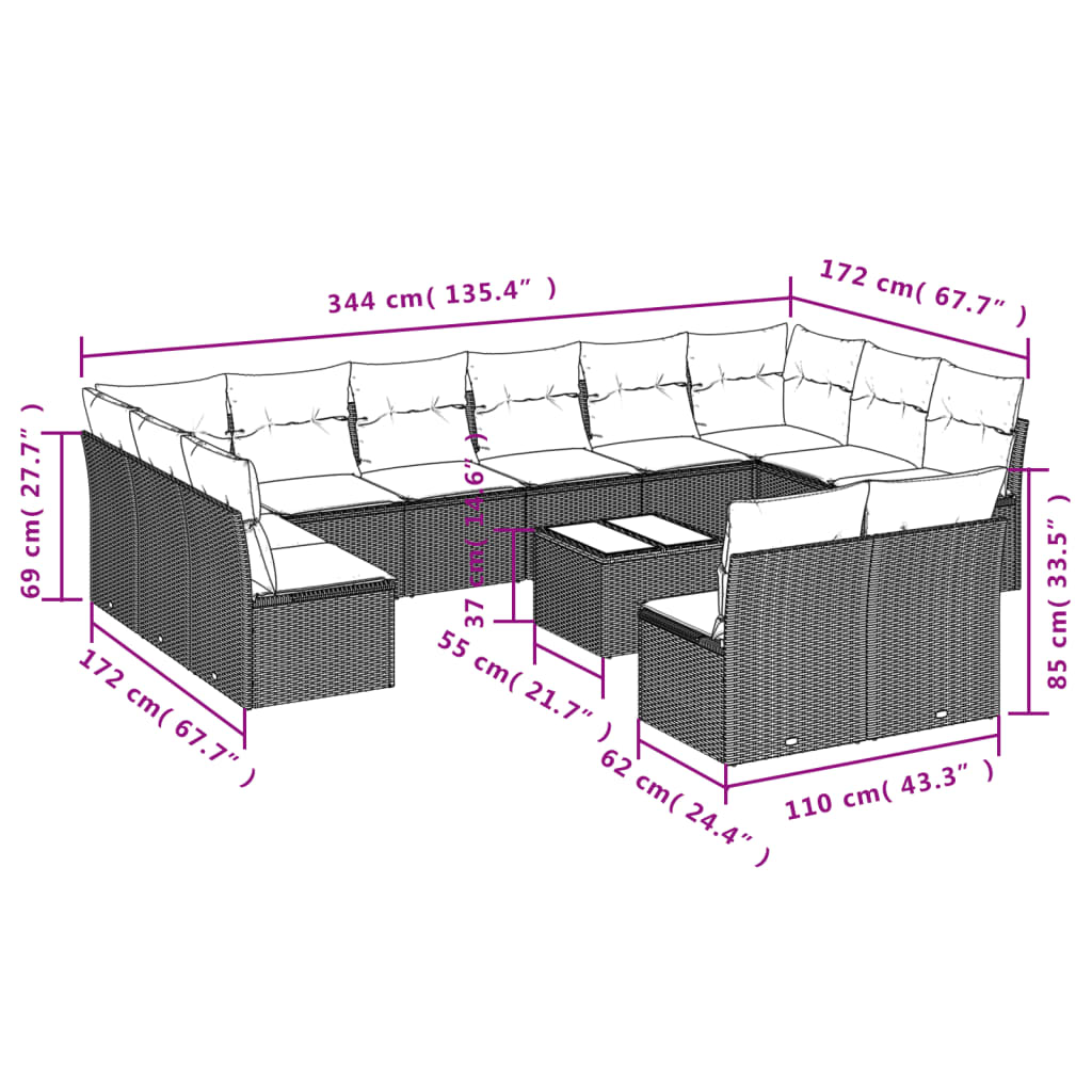 Set Divani da Giardino 13 pz con Cuscini Marrone in Polyrattan