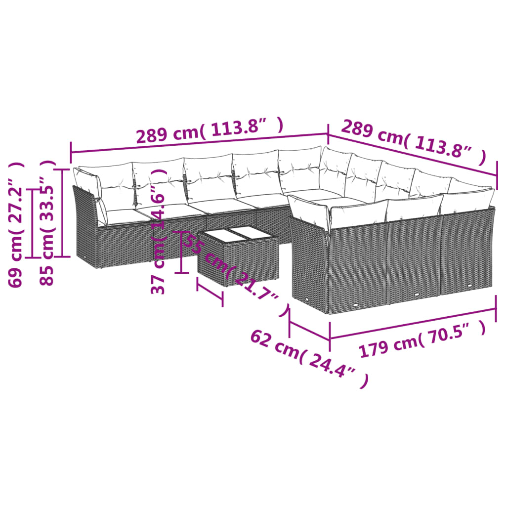 Set Divani da Giardino 12 pz con Cuscini Marrone in Polyrattan