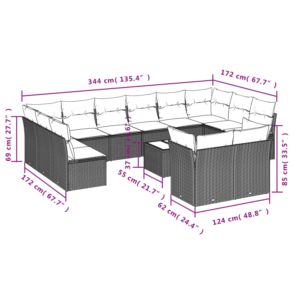 Set Divani da Giardino 13 pz con Cuscini Marrone in Polyrattan