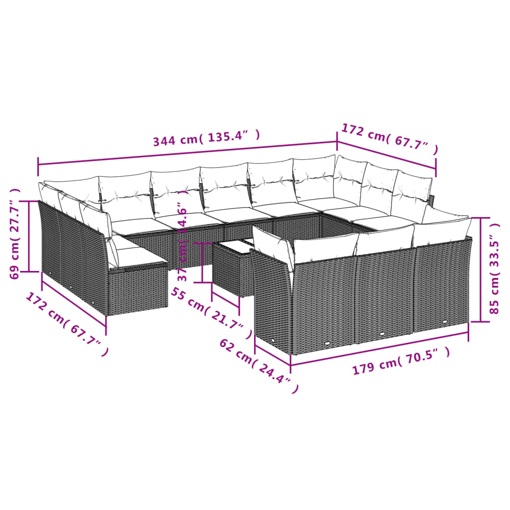 Set Divani da Giardino 14pz con Cuscini in Polyrattan Marrone