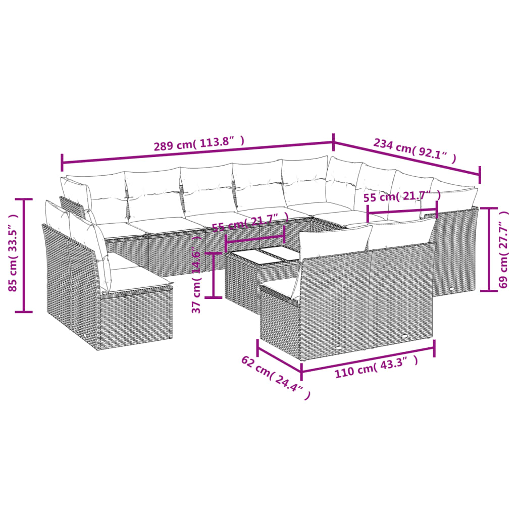 Set Divani da Giardino 13 pz con Cuscini Marrone in Polyrattan