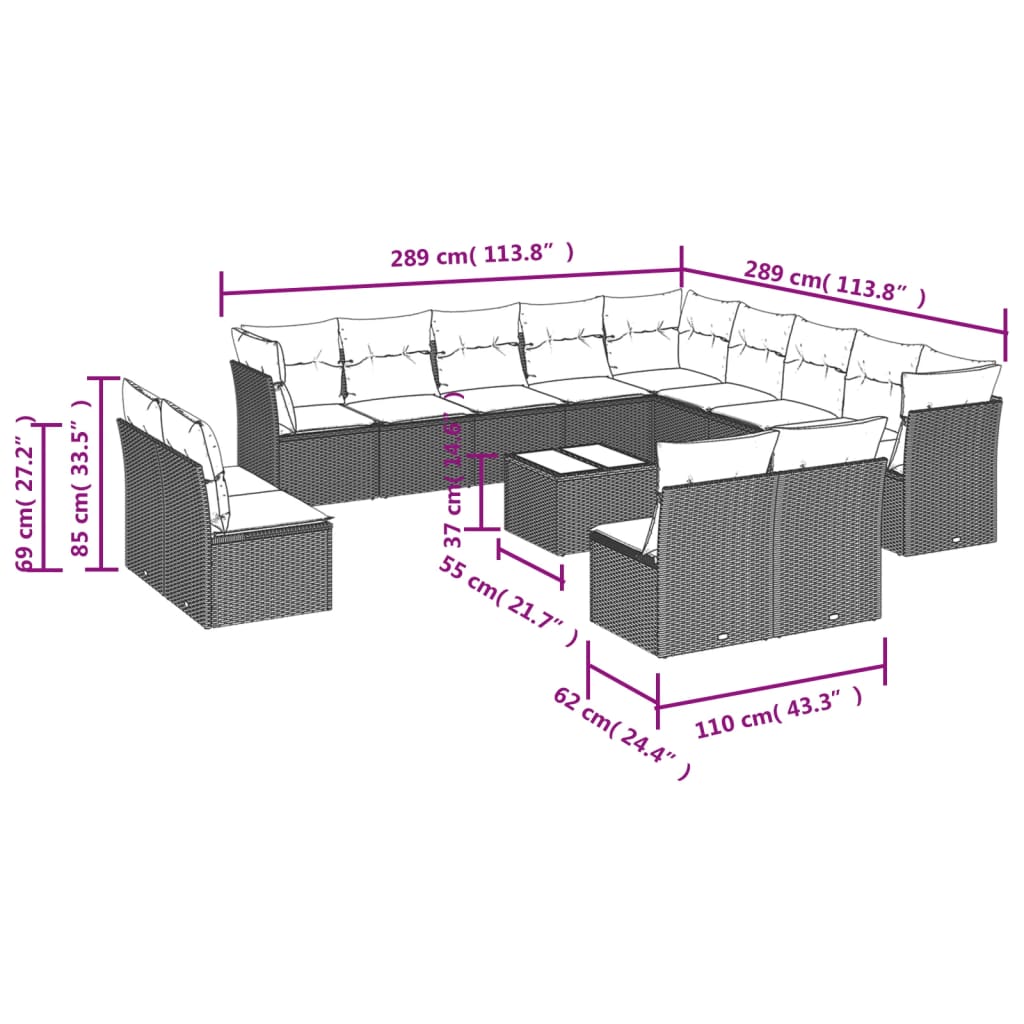 Set Divani da Giardino 14pz con Cuscini in Polyrattan Marrone