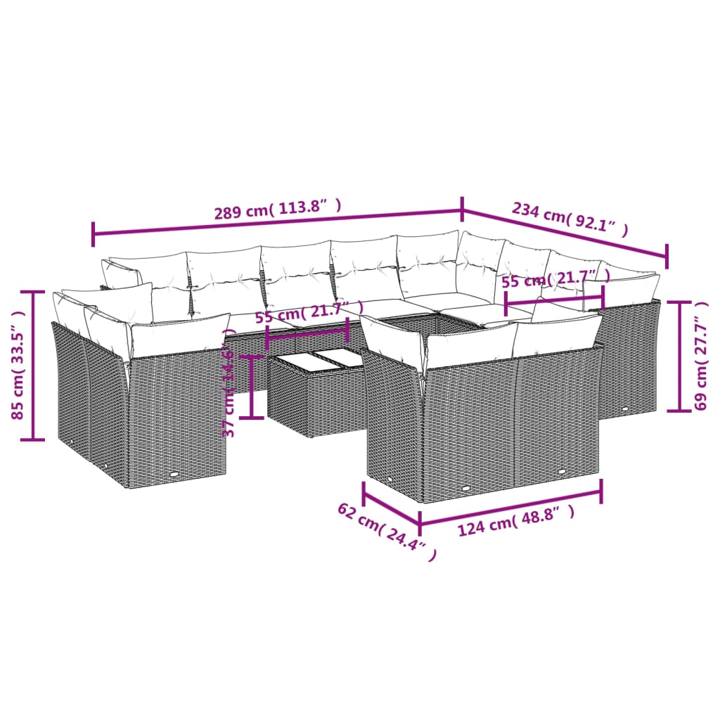 Set Divani da Giardino 13 pz con Cuscini Marrone in Polyrattan