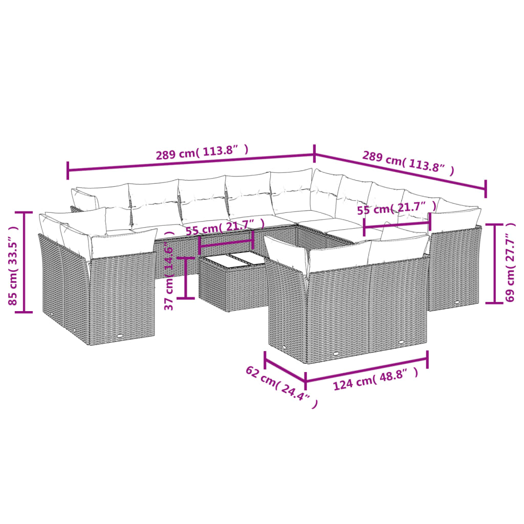 Set Divani da Giardino 14pz con Cuscini in Polyrattan Marrone