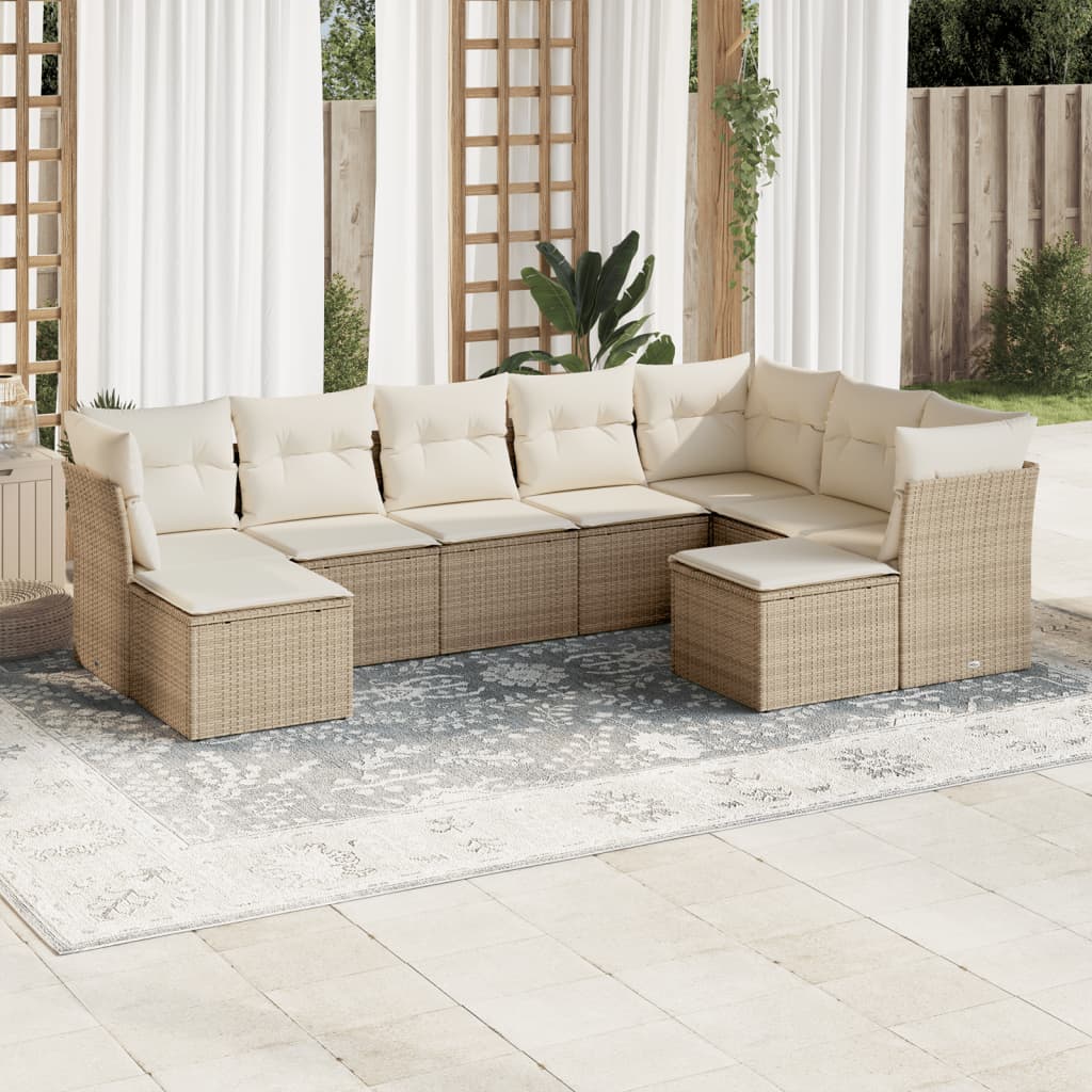 Set Divano da Giardino 9 pz con Cuscini Beige in Polyrattan