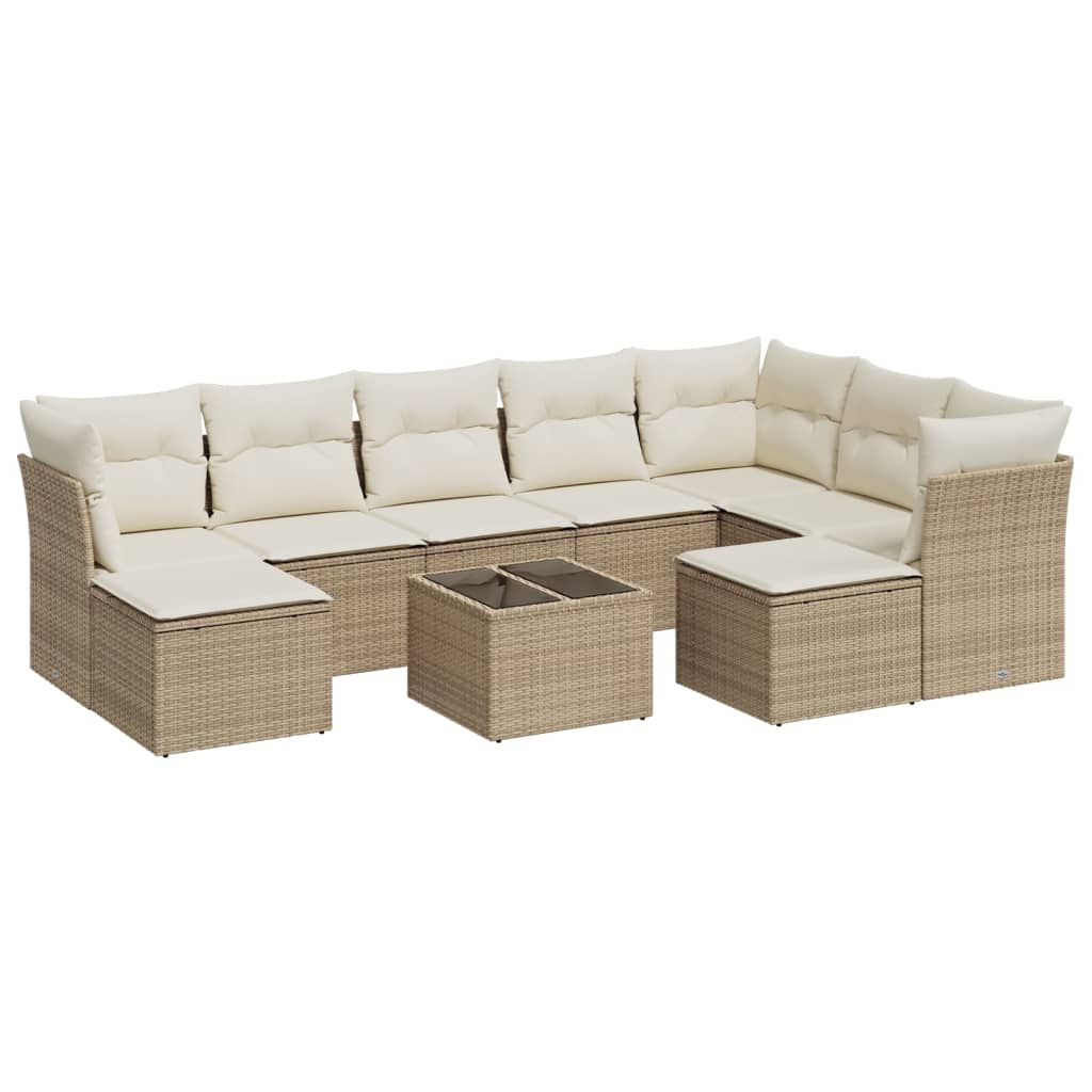 Set Divano da Giardino 10 pz con Cuscini Beige in Polyrattan